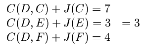 $\displaystyle \begin{array}{l} C(D,C) + J(C) = 7 \\ C(D,E) + J(E) = 3 \\space \ \space = 3 \\ C(D,F) + J(F) = 4 \end{array}$